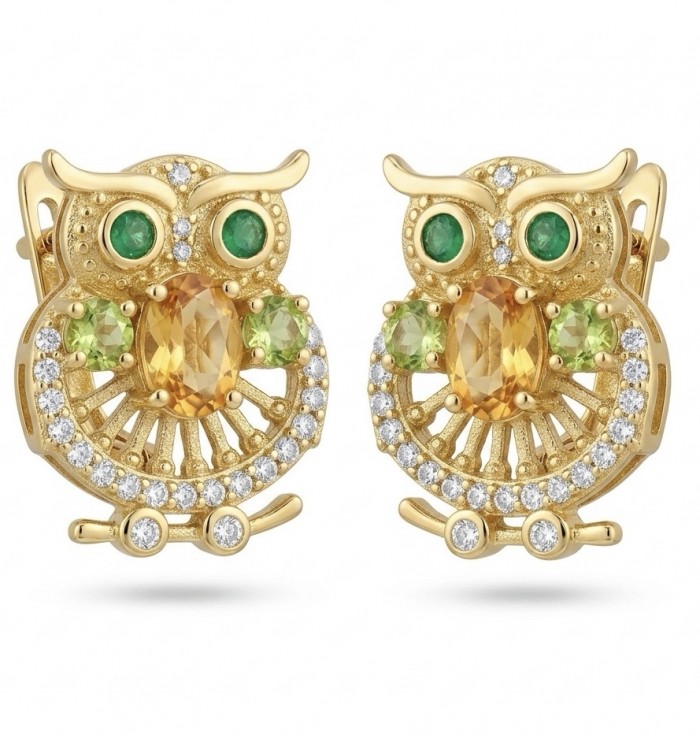 Wisdom - Natural 3.2 carat Citrine Emerald .925 Sterling Silver dipped in 18K Gold handmade Owl earrings