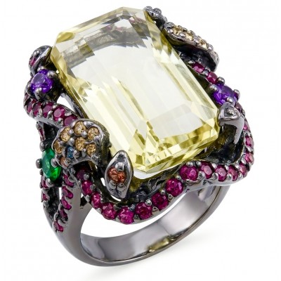 Costa del Sol 29.4 carat Lemon Quartz black rhodium over .925 Sterling Silver handcrafted ring size 8