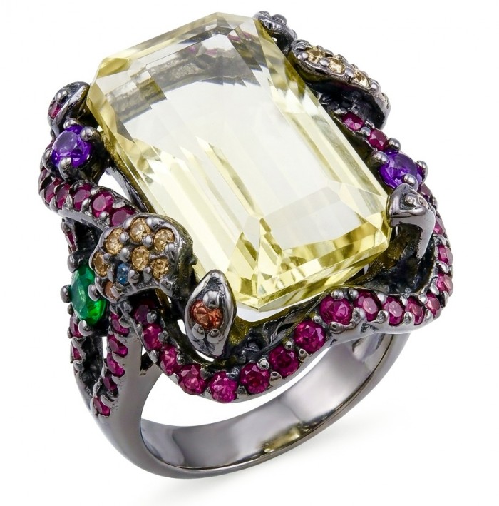 Costa del Sol 29.4 carat Lemon Quartz black rhodium over .925 Sterling Silver handcrafted ring size 8