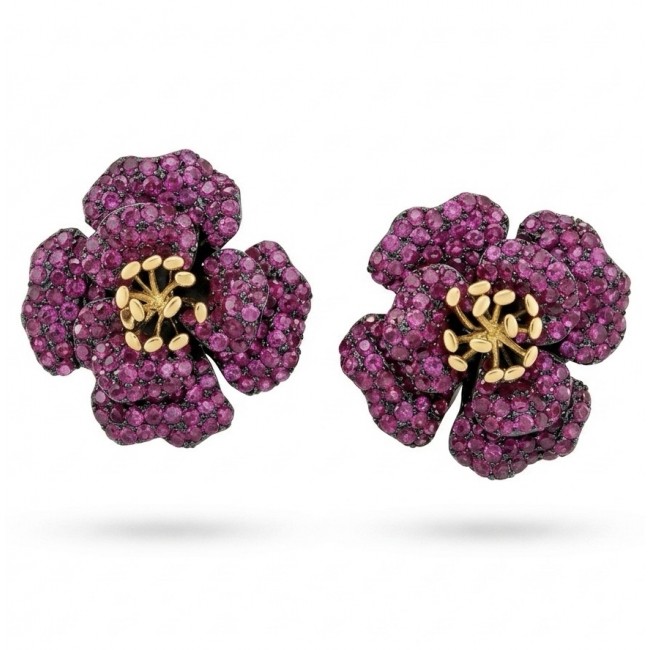 Exotic Flowers - 18.8 carat Mozambique Ruby .925 Sterling Silver dipped in black rhodium 22K Gold handmade Statement Earrings