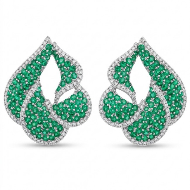 Royalty 7.9 carat authentic pave Colombian Emerald .925 Sterling Silver dipped in Rhodium Handcrafted Statement Earrings