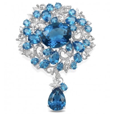 An exuberantly Large 70.2 grams Vintage style Swiss Blue Topaz .925 Sterling Silver DIPPED IN RHODIUM handmade LARGE Pendant - Brooch
