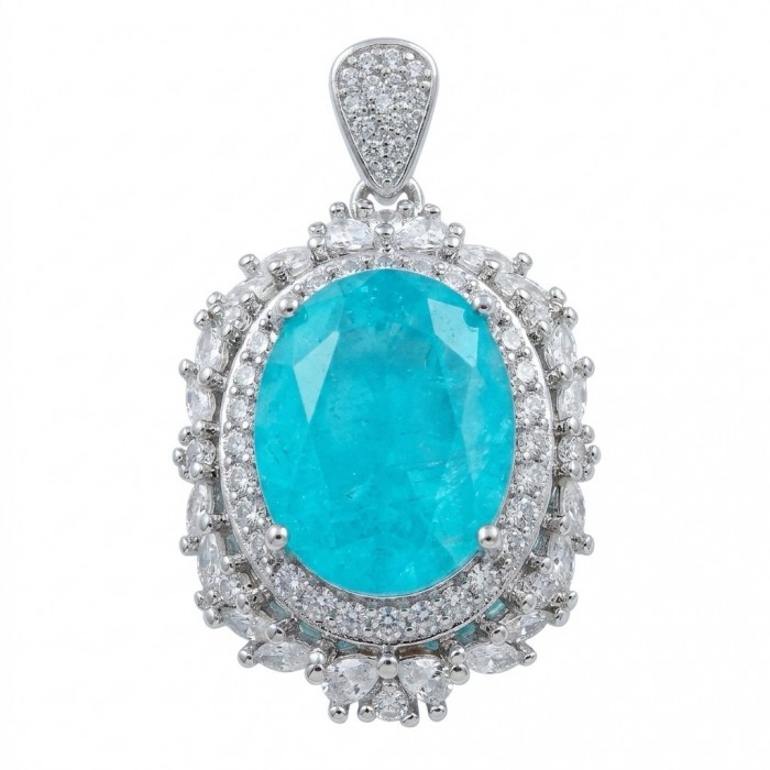 Wonderland 12.8 carat classic oval cut Paraiba Tourmaline Moissanite .925 Sterling Silver Handcrafted Statement necklace