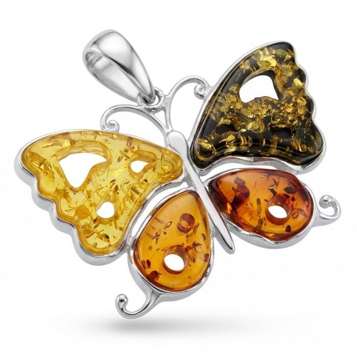 Cute Butterfly Authentic carved Baltic Amber .925 Sterling Silver handcrafted pendant