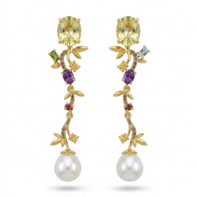 Golden Royalty 6.5 carat Citrine Pearl 18K Gold over .925 Sterling Silver brilliantly handcrafted earrings