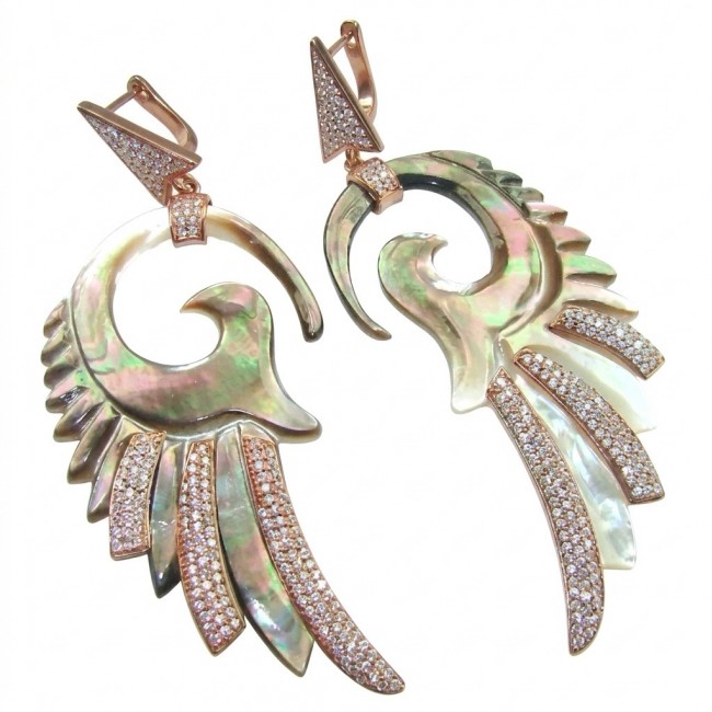 Angel Wings Rainbow Abalone 18K Rose Gold over .925 Sterling Silver handcrafted Large Statement Earrings