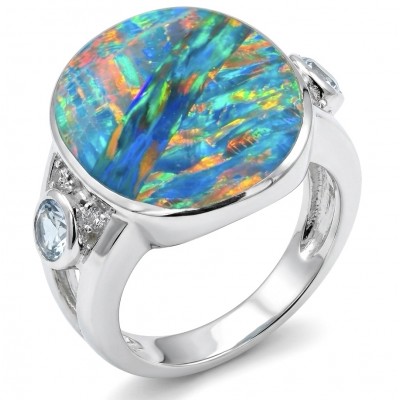Endless Ocean Genuine 17.5 carat doublet Australian Opal .925 Sterling Silver handmade Ring size 6 3/4