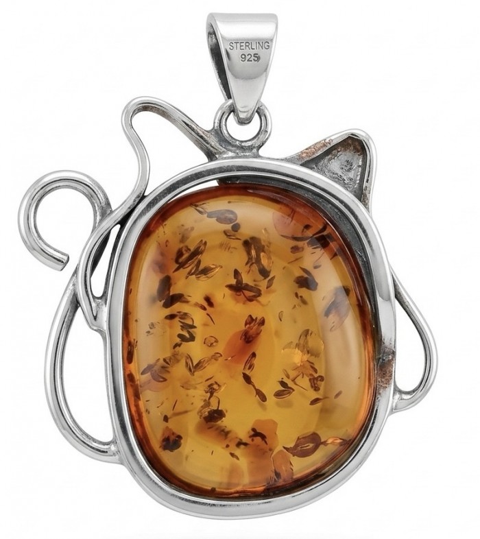 Cat - Prehistoric Authentic Baltic Amber .925 Sterling Silver beautifully handcrafted Pendant