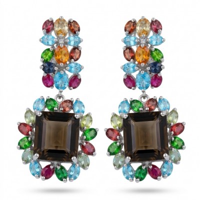 Giovanna 29.5 carat Champagne Smoky Topaz Rhodium over .925 Sterling Silver handmade Statement Earrings
