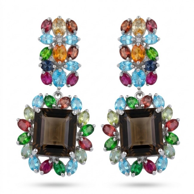 Giovanna 29.5 carat Champagne Smoky Topaz Rhodium over .925 Sterling Silver handmade Statement Earrings