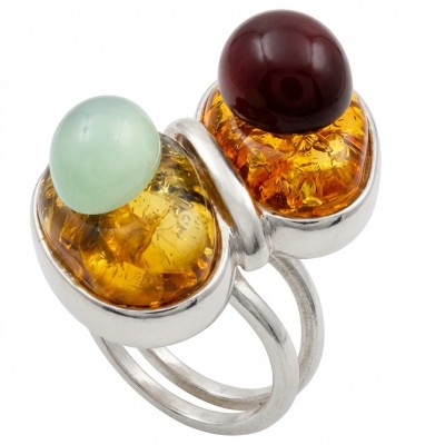 Perfect Harmony - Unique design Authentic Baltic Amber .925 Sterling Silver handcrafted ring; s. 7 adjustable