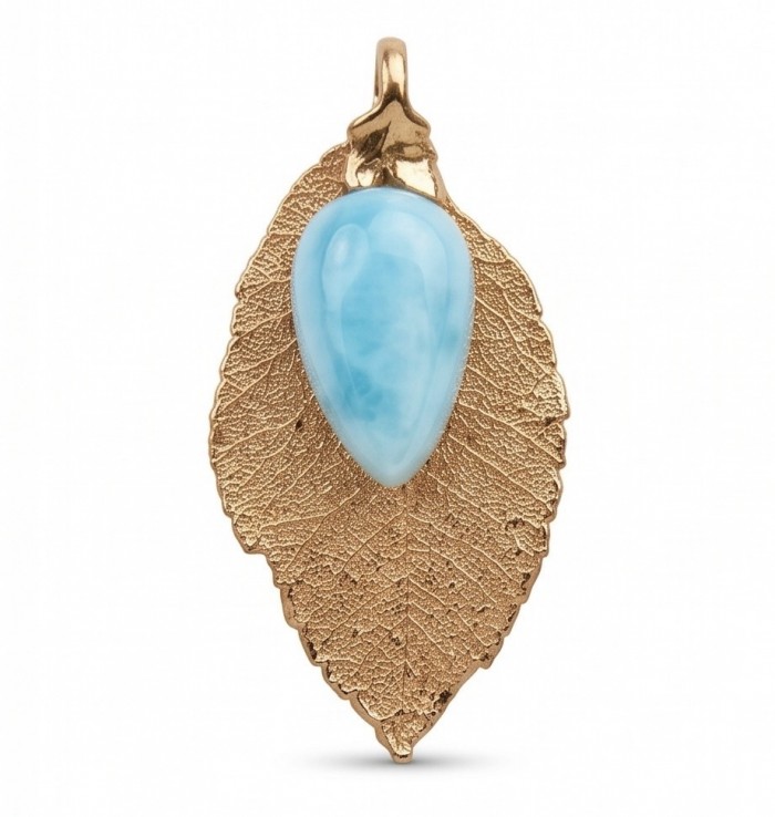 Stylish REAL Leaf dipped in copper 14.5 carat Larimar .925 Sterling Silver and Copper Pendant