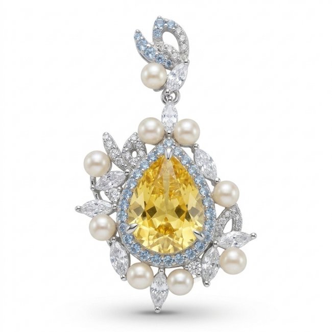 Tiffany - 7.8 carat yellow Sapphire Pearl RHODIUM over .925 Sterling Silver Handcrafted pendant - video