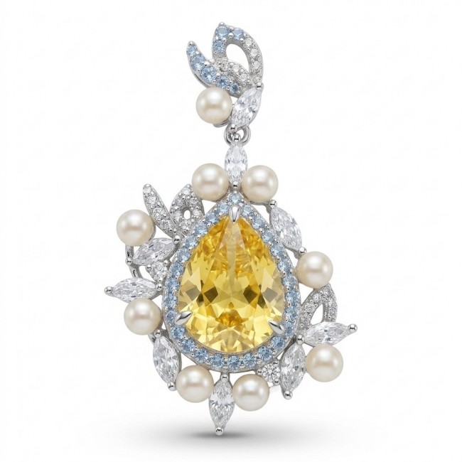 Tiffany - 7.8 carat yellow Sapphire Pearl RHODIUM over .925 Sterling Silver Handcrafted pendant