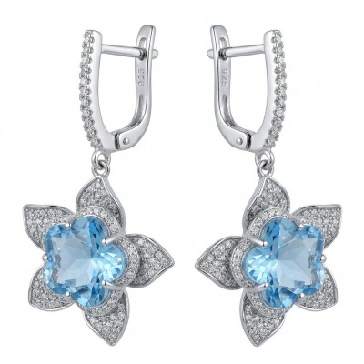 Forget -Me- Not flower 10.5 carat genuine Swiss Blue Topaz .925 Sterling Silver handmade Statement earrings
