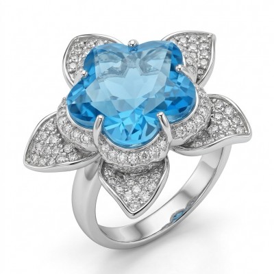 Forget -Me- Not flower 9.5 carat genuine Swiss Blue Topaz .925 Sterling Silver handmade Statement Ring size 8