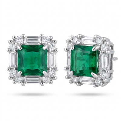 Art deco - princess cut 6.5 carat Emerald .925 Sterling Silver Handcrafted Earrings