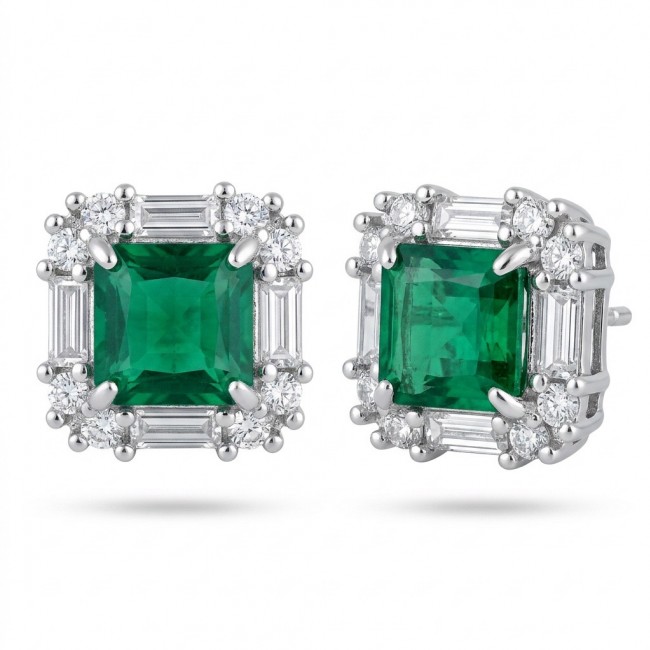 Art deco - princess cut 6.5 carat Emerald .925 Sterling Silver Handcrafted Earrings
