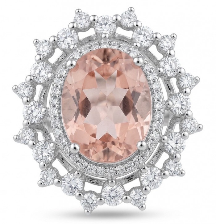 Authentic oval cut 9.2 carat Morganite 14K White Gold over .925 Sterling Silver ring s. 8 1/4