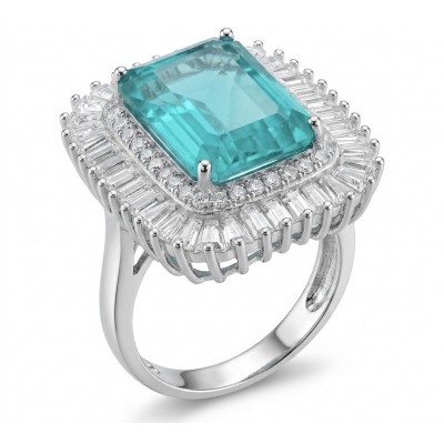 Art Deco emerald cut 10.2 carat Colombian Emerald 7.3 carat White Topaz .925 Sterling Silver dipped in Rhodium handcrafted Ring size 7 1/2