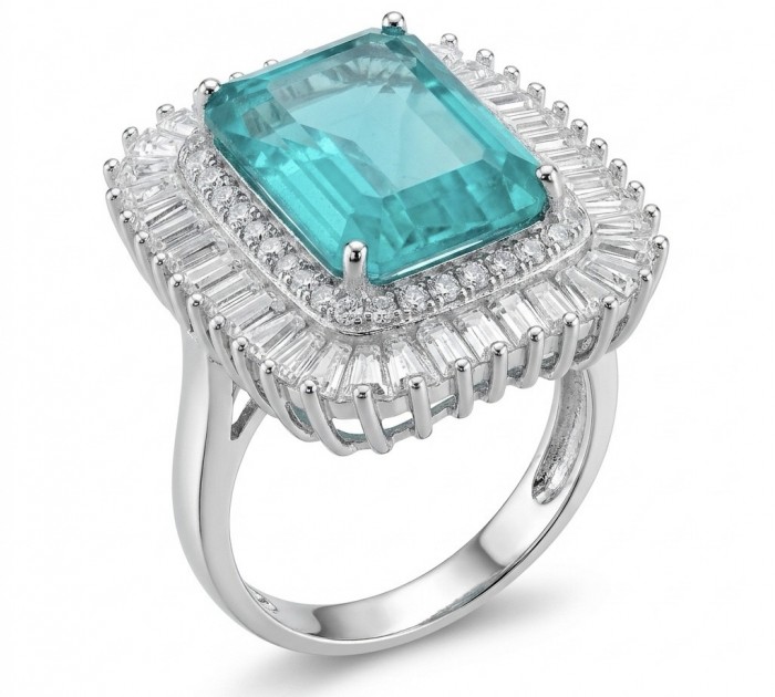 Art Deco emerald cut 10.2 carat Colombian Emerald 7.3 carat White Topaz .925 Sterling Silver dipped in Rhodium handcrafted Ring size 7 1/2