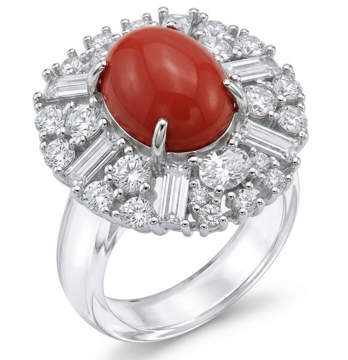 Elizabeth Natural Fossilized Coral 9.8 carat Moissanite .925 Sterling Silver handmade ring s. 7 1/4