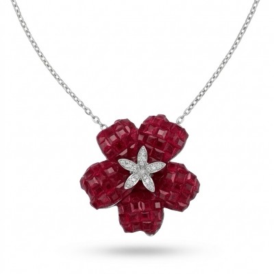 Red Flower Luxurious mystery setting natural 12.5 carat Ruby .925 Sterling Silver handmade Statement necklace