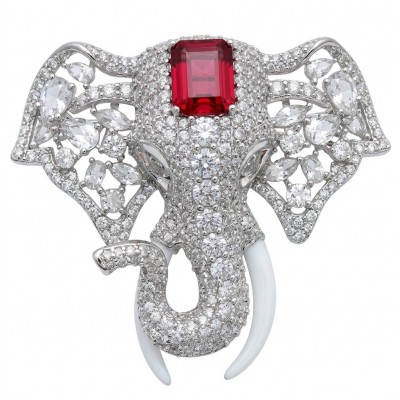 Attract YOUR Luck - ELEPHANT- 5.2 CARAT Ruby .925 Sterling Silver dipped in rhodium handcrafted Pendant Brooch