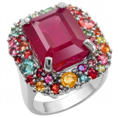 Rose Garden Natural 12.8 carat Ruby multicolor Sapphire .925 Sterling Silver dipped rhodium handmade Statement Ring size 7 1/4