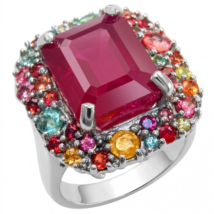 Rose Garden Natural 12.8 carat Ruby multicolor Sapphire .925 Sterling Silver dipped rhodium handmade Statement Ring size 7 1/4
