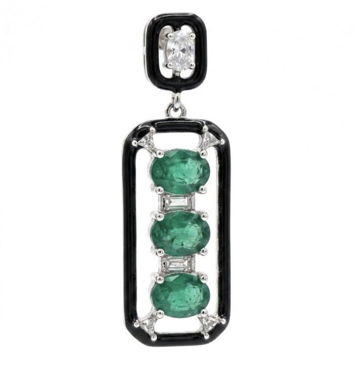 Art Deco 9.5 carat Emerald black enamel .925 Sterling Silver handmade Pendant