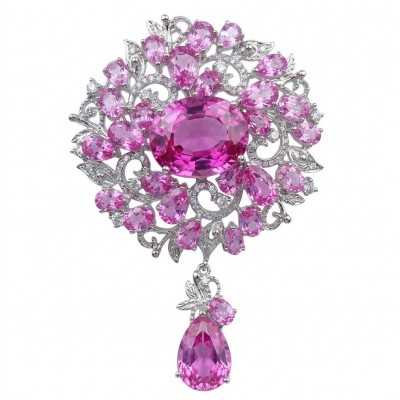 An exuberantly Large 72.7 grams Vintage style Pink Sapphire .925 Sterling Silver handmade LARGE Pendant - Brooch
