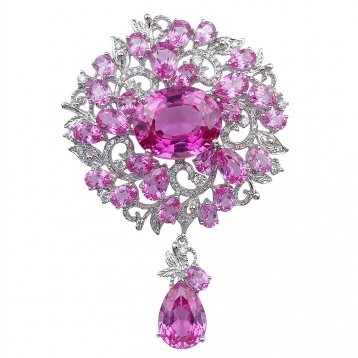 An exuberantly Large 72.7 grams Vintage style Pink Sapphire .925 Sterling Silver handmade LARGE Pendant - Brooch