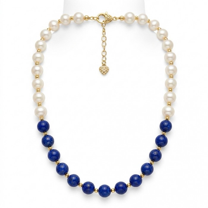 Boho Style Lapis Lazuli Pearl 10K Gold over .925 Sterling Silver handmade necklace