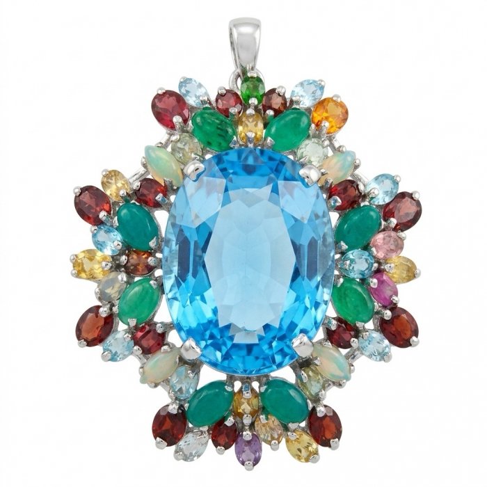 Oceania oval cut 47.8 carat Swiss Blue Topaz .925 Sterling Silver dipped in rhodium Handcrafted Pendant Brooch - video