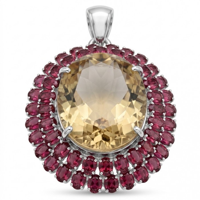 Luxury genuine 44.7 CARAT oval cut Champagne Topaz Garnet .925 Sterling Silver dipped in rhodium handmade Pendant