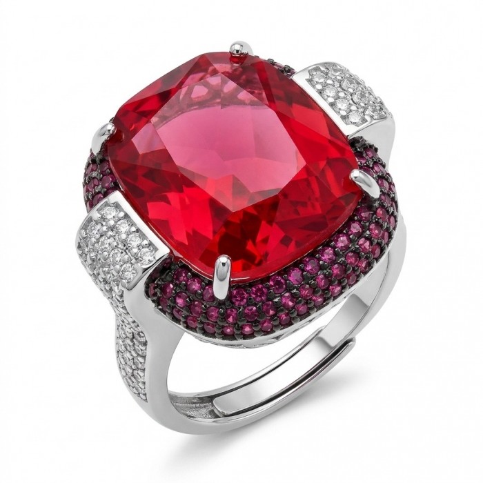 Art Deco 18.6 ctw Red Topaz 4.2 carat pave Ruby .925 Sterling Silver handcrafted Statement Ring size 7 adjustable