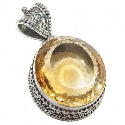 Golden Planet Oval cut 55.3 carat Lemon Quartz .925 Sterling Silver handcrafted LARGE pendant
