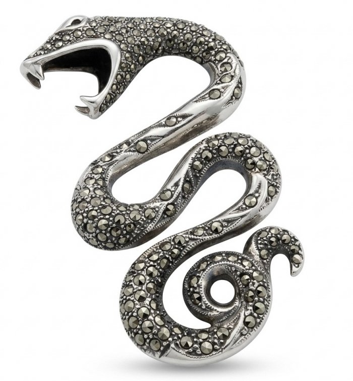 Divine Fire - Large 2 5/8 inches long Cobra Snake genuine Marcasite .925 Sterling Silver handmade Pendant - video