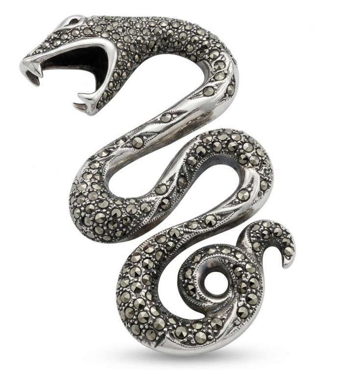 Divine Fire - Large 2 5/8 inches long Cobra Snake genuine Marcasite .925 Sterling Silver handmade Pendant