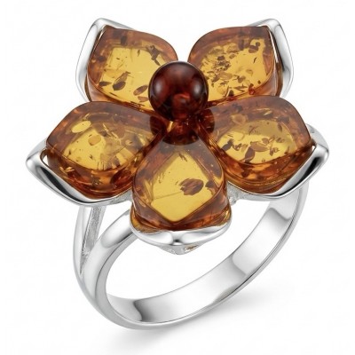 Golden Flower Authentic Baltic Amber rhodium over .925 Sterling Silver handcrafted ring; s. 7 adjustable
