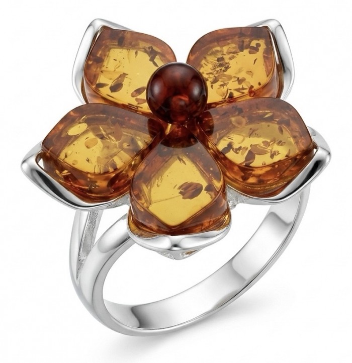 Golden Flower Authentic Baltic Amber rhodium over .925 Sterling Silver handcrafted ring; s. 7 adjustable