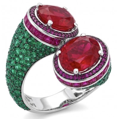 Giovanna Natural 8.6 carat Ruby pave Emerald .925 Sterling Silver dipped rhodium handmade Statement Ring size 6 1/4