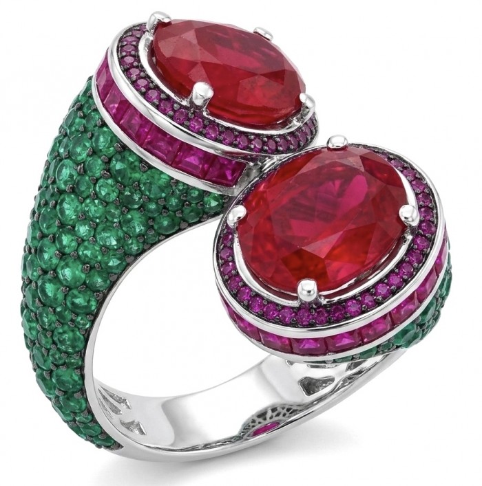 Giovanna Natural 8.6 carat Ruby pave Emerald .925 Sterling Silver dipped rhodium handmade Statement Ring size 6 1/4