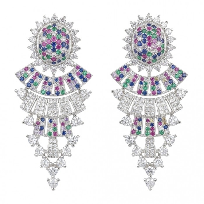 Authentic 10.7 carat Sapphire Ruby Emerald Rhodium over .925 Sterling Silver handcrafted Statement earrings