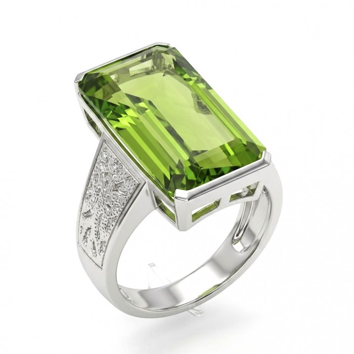 RARE FINDING! Authentic baquette cut 17.9 carat volcanic Green Helenite .925 Sterling Silver ring s. 7