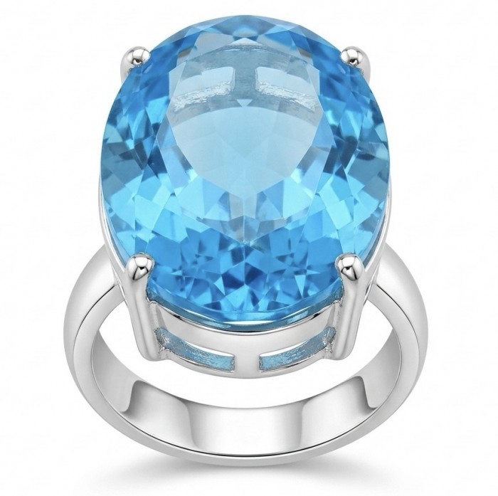 ENCHANTED OCEAN 28.3 carat Swiss Blue Topaz .925 Sterling Silver dipped in rhodium handcrafted Large ring size 8