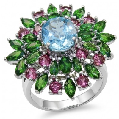 Exquisite 19.7 carat Swiss Blue Topaz rhodium over .925 Sterling Silver Handcrafted Statement Ring size 9