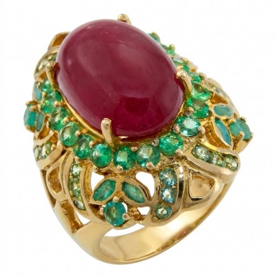Carmen Natural 15.4 carat Ruby .925 Sterling Silver dipped in 22K Gold handmade Large Statement Ring size 8