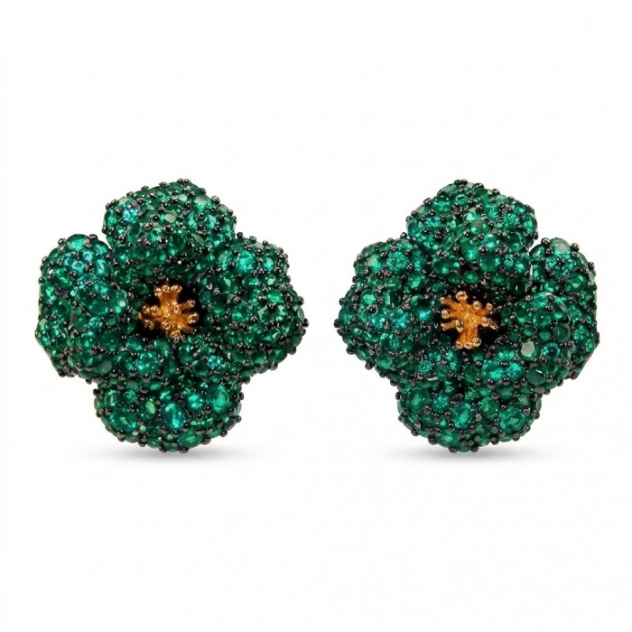 Exotic Flowers - 18.8 carat Colombian Emerald 2 tones .925 Sterling Silver dipped in rhodium handmade Statement Earrings